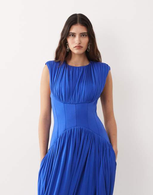 ARRANGE - Vestito lungo drappeggiato raccolto blu stretto in vita, 2 di 4