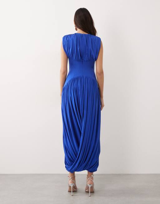ARRANGE - Vestito lungo drappeggiato raccolto blu stretto in vita, 3 di 4