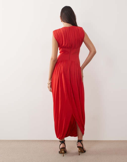 ARRANGE - Vestito lungo drappeggiato raccolto rosso con vita stretta, 4 di 4