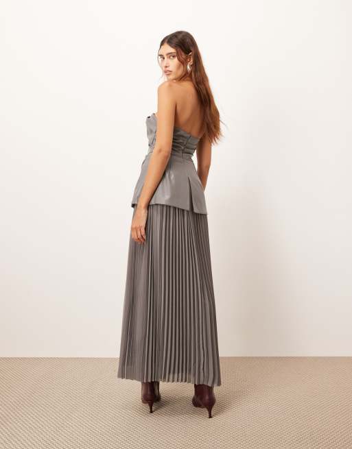 ARRANGE - Vestito lungo grigio scuro con corpino in pelle sintetica e gonna a pieghe, 4 di 4