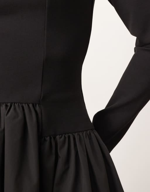 ARRANGE - Vestito lungo ibrido nero con scollo squadrato e gonna a ruota, 3 di 4