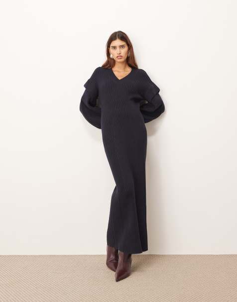 ARRANGE - Vestito lungo in maglia a coste blu navy con scollo a V e dettaglio sulle spalle - view 1