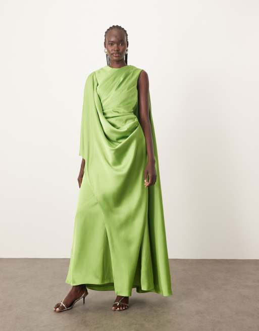 ARRANGE - Vestito lungo in raso verde acceso con drappeggio sulla spalla e dettaglio sul retro