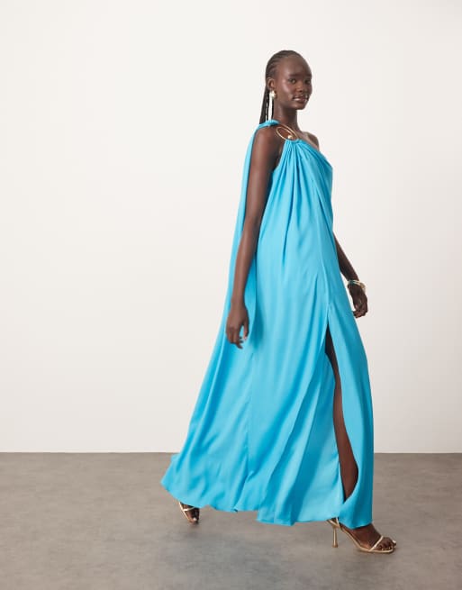 ARRANGE - Vestito lungo monospalla con finiture a spirale blu turchese, 2 di 4