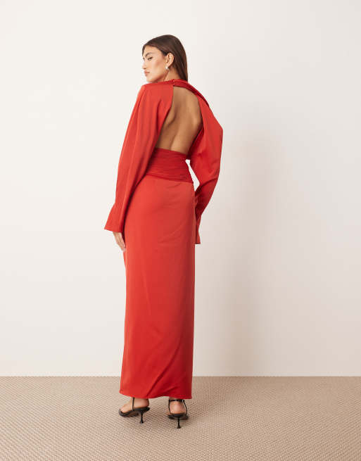 ARRANGE - Vestito lungo rosso con scollo drappeggiato, spalle rinforzate e schiena scoperta, 4 di 4