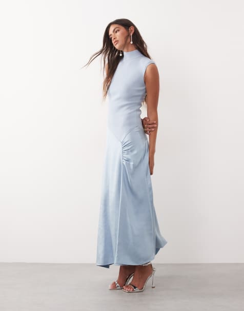 ARRANGE - Vestito lungo senza maniche in maglia ibrida blu con gonna arricciata - view 1