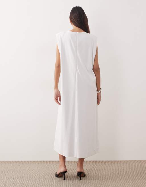 ARRANGE - Vestito lungo senza maniche oversize bianco con spalle imbottite e spacco laterale, 4 di 4