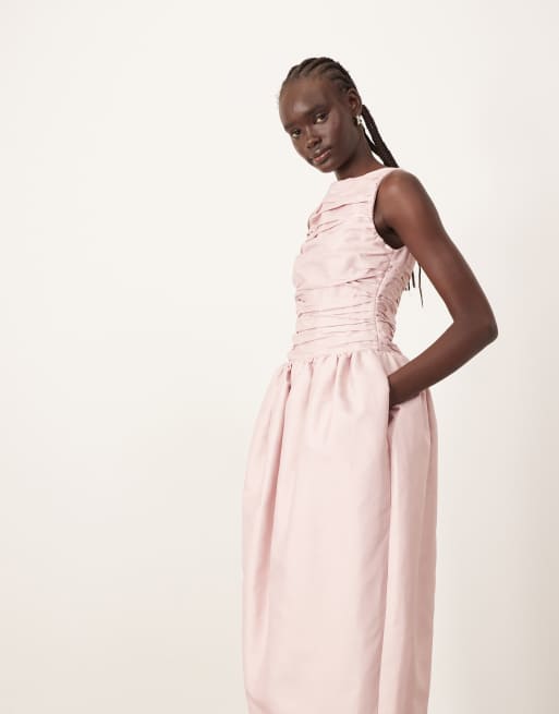ARRANGE - Vestito lungo stretto in vita in raso strutturato rosa, 4 di 4