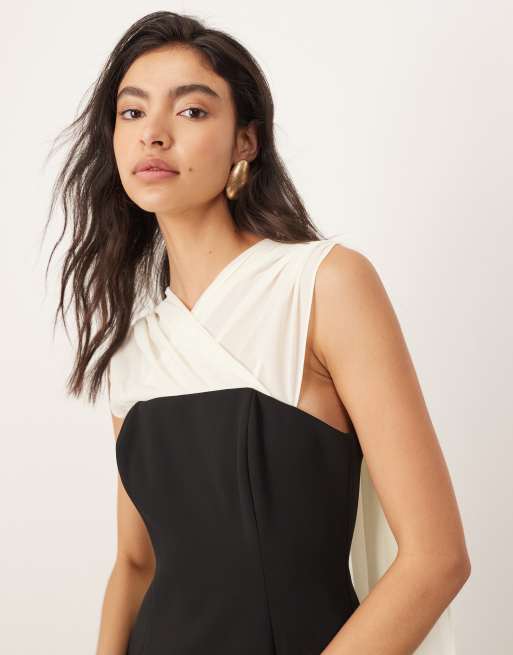 ARRANGE - Vestito lungo strutturato monocromatico con drappeggio in chiffon, 2 di 4