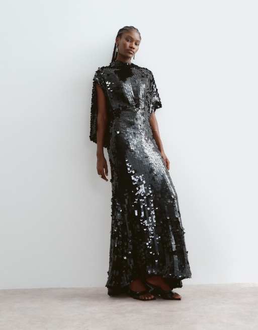 ARRANGE vestito maxi minimal nero con paillettes e schiena aperta con scollo ad anello, 4 di 5