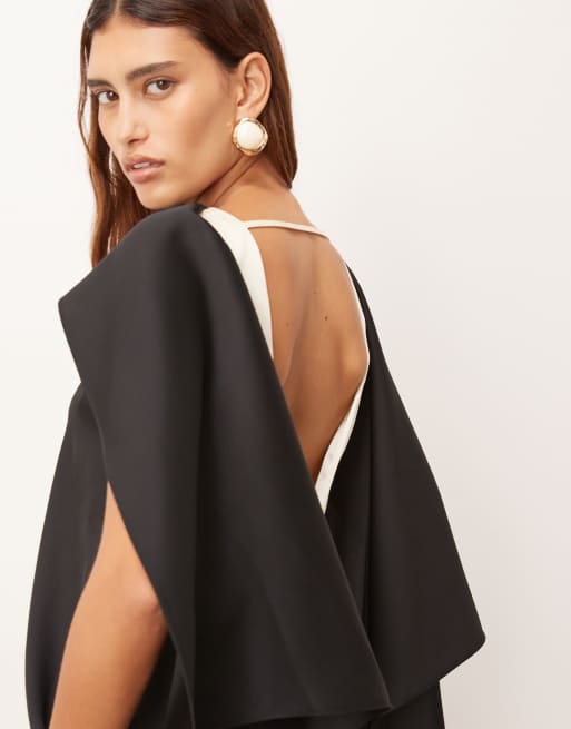 ARRANGE - Vestito midi a colonna bianco e nero colorblock con scollo squadrato e sciarpa al collo, 3 di 4