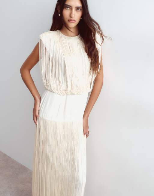ARRANGE vestito midi avvolgente con frange e vita scesa color avorio, 1 di 4