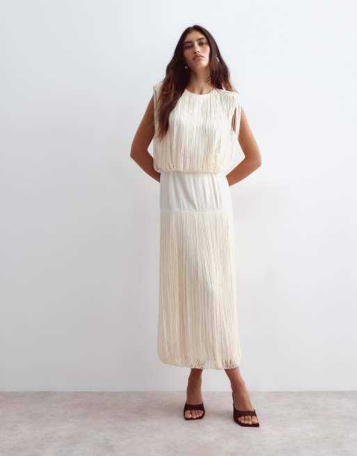 ARRANGE vestito midi avvolgente con frange e vita scesa color avorio, 2 di 4