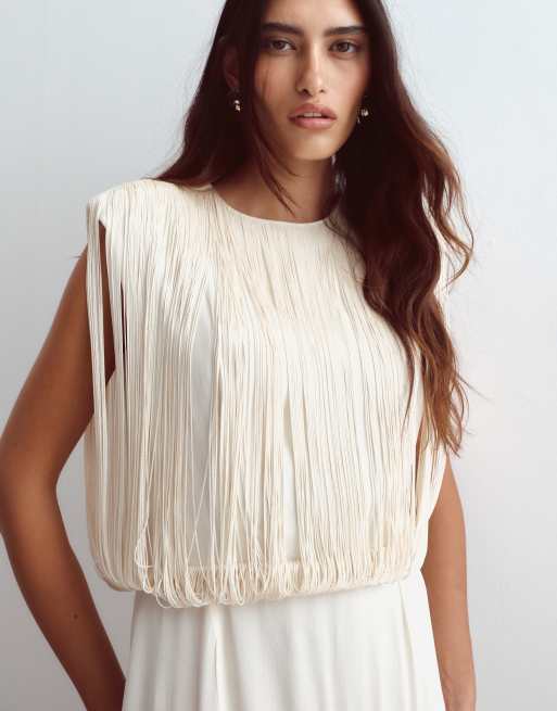 ARRANGE vestito midi avvolgente con frange e vita scesa color avorio, 4 di 4