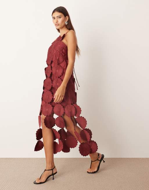 ARRANGE - Vestito midi bordeaux con fiori cut-out e frange sul fondo, 2 di 4