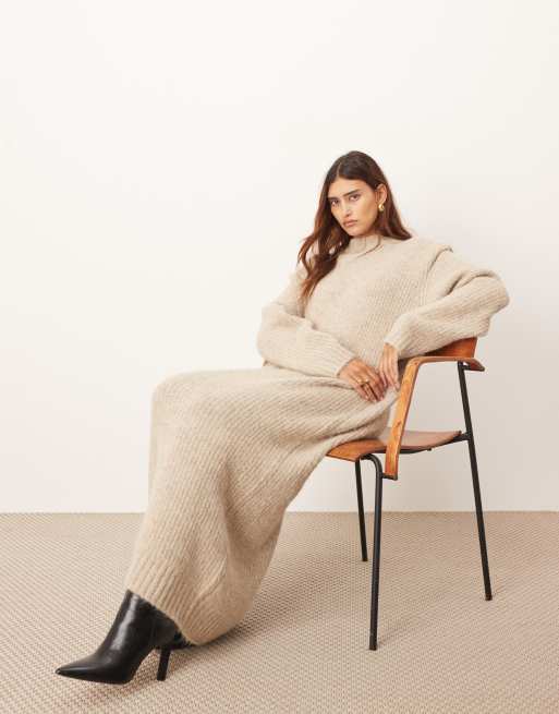 ARRANGE - Vestito midi color avena lavorato a coste con spalline imbottite