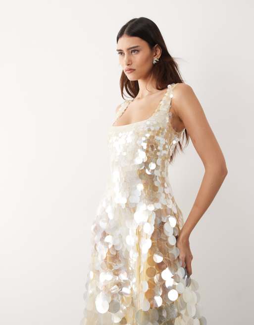 ARRANGE - Vestito midi color limone con gonna a ruota e scollo squadrato decorato con paillettes a disco, 2 di 4