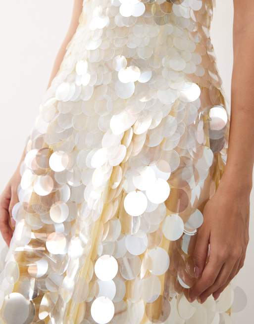 ARRANGE - Vestito midi color limone con gonna a ruota e scollo squadrato decorato con paillettes a disco, 3 di 4
