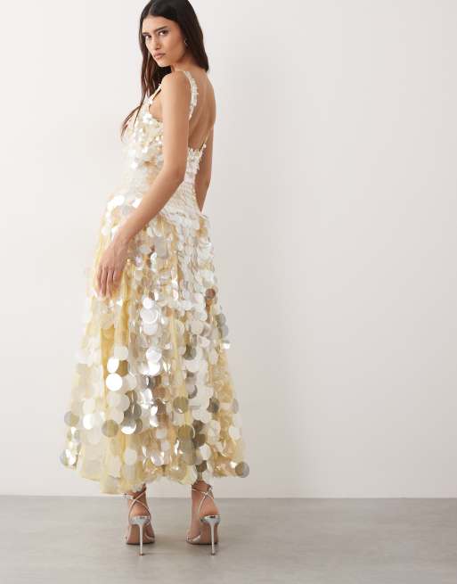 ARRANGE - Vestito midi color limone con gonna a ruota e scollo squadrato decorato con paillettes a disco, 4 di 4