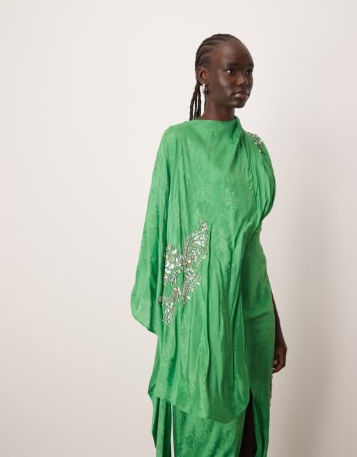 ARRANGE - Vestito midi destrutturato verde con manica stile mantella e motivo con gemme, 3 di 4