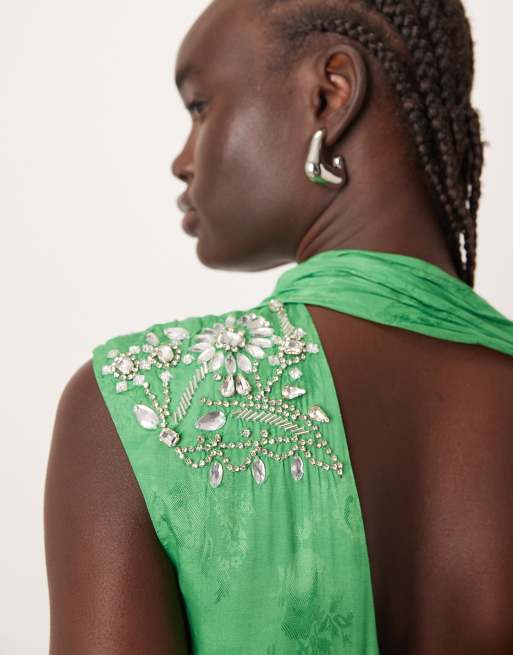 ARRANGE - Vestito midi destrutturato verde con manica stile mantella e motivo con gemme, 4 di 4