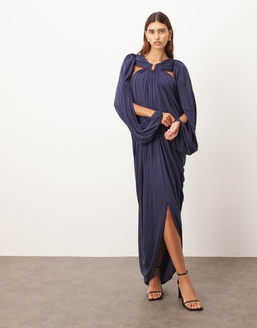 ARRANGE - Vestito midi drappeggiato blu navy con maniche a palloncino e dettaglio in metallo