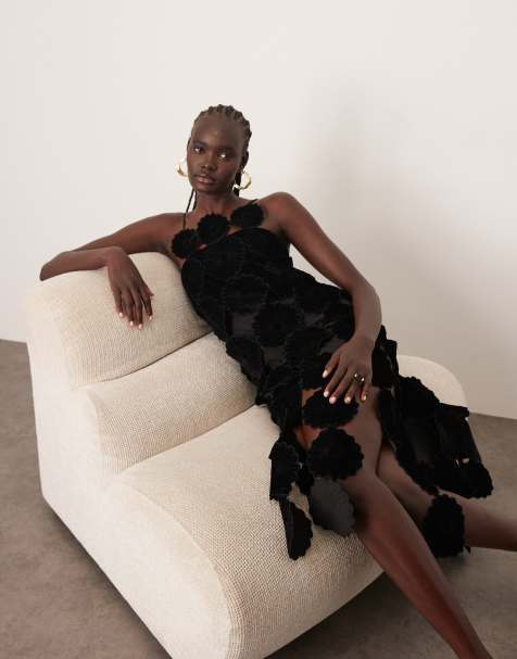 ARRANGE - Vestito midi in velluto nero allacciato al collo con fiori cut-out e frange sul fondo - view 1