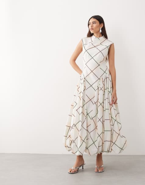 ARRANGE - Vestito midi senza maniche con stampa tenue a quadri e fondo a palloncino - view 1