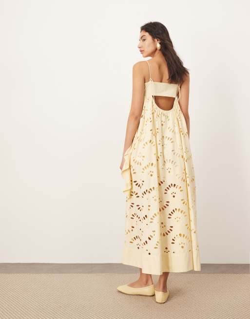 ARRANGE - Vestito midi stile impero in pizzo sangallo color latticello con bustino a contrasto e volant, 2 di 4