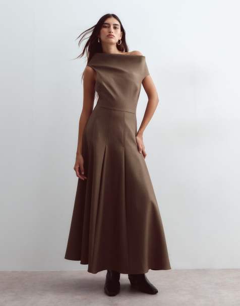 ARRANGE vestito midi strutturato a spalle scoperte con gonna ampia marrone - view 1
