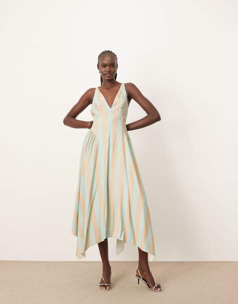 ARRANGE - Vestito midi verde a righe con gonna a ruota e incrociato sul retro - view 1