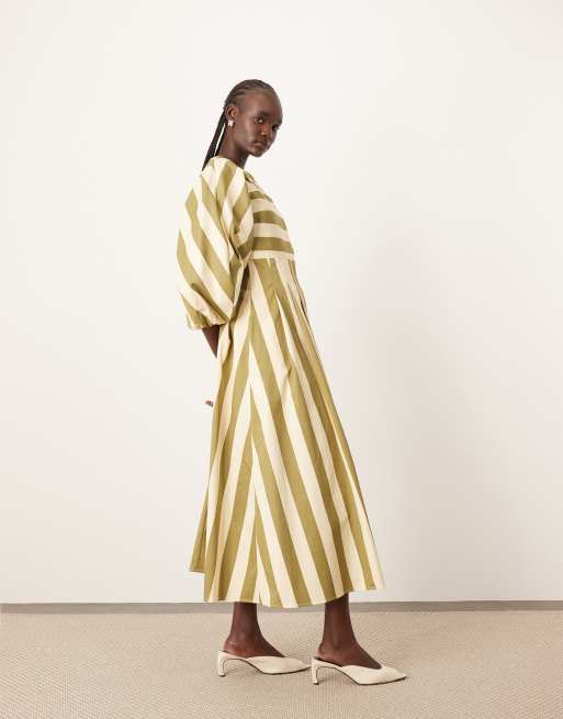ARRANGE - Vestito midi verde oliva a righe con dettaglio a pieghe e gonna a ruota