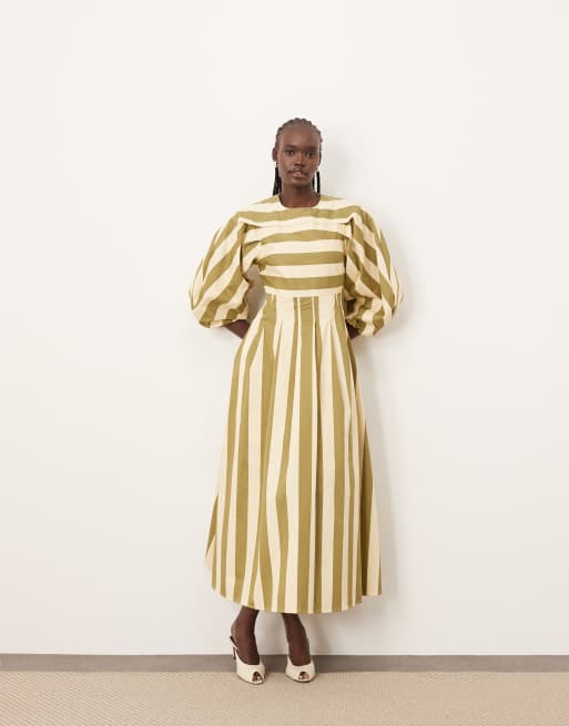 ARRANGE - Vestito midi verde oliva a righe con dettaglio a pieghe e gonna a ruota, 3 di 4