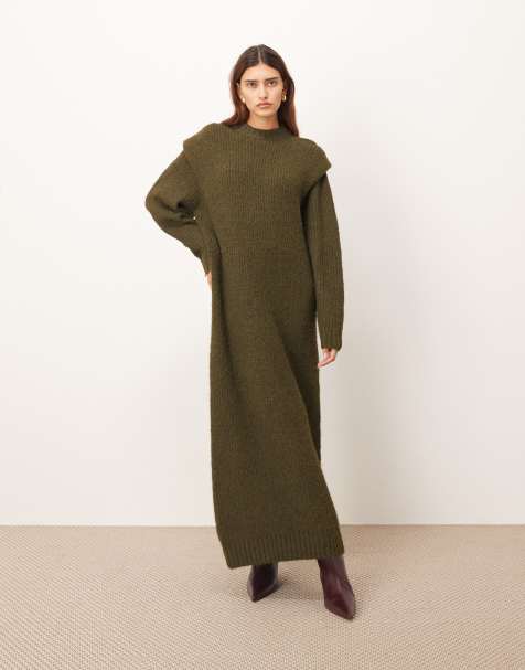 ARRANGE - Vestito midi verde oliva in maglia a coste con spalline imbottite - view 1