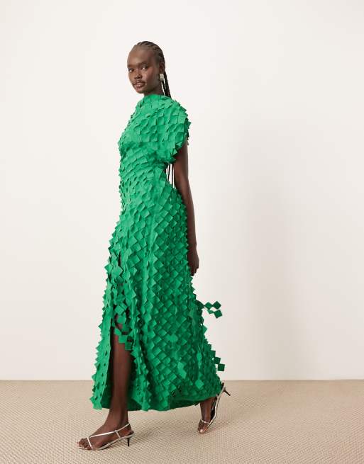 ARRANGE - Vestito midi verde testurizzato con spacco e tagli laser
