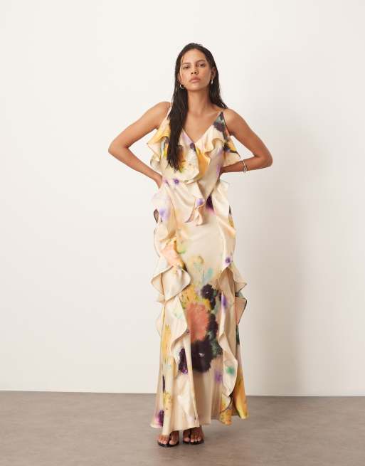 ARRANGE - Vestito sottoveste lungo a fiori sfocati con volant e gonna con taglio sbieco