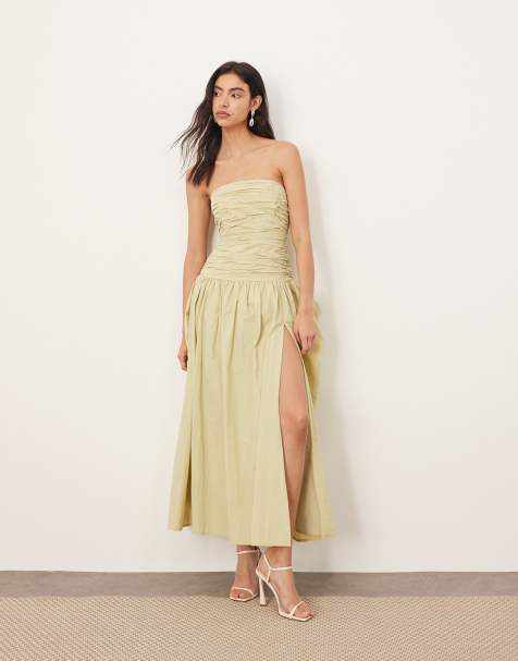 ARRANGE - Vierkant gesneden midi bandeau-jurk in licht olijfgroen - view 1