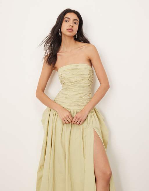 ARRANGE - Vierkant gesneden midi bandeau-jurk in licht olijfgroen, 2 van 4