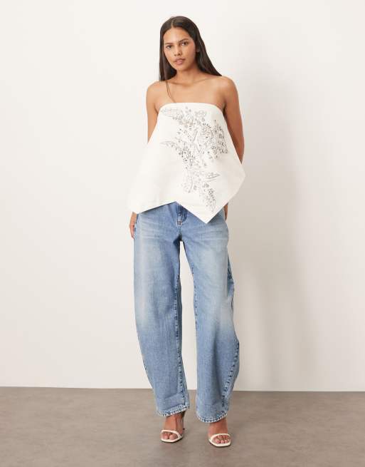 ARRANGE - Vierkante top met bandeau halslijn en versiering in wit, 3 van 4