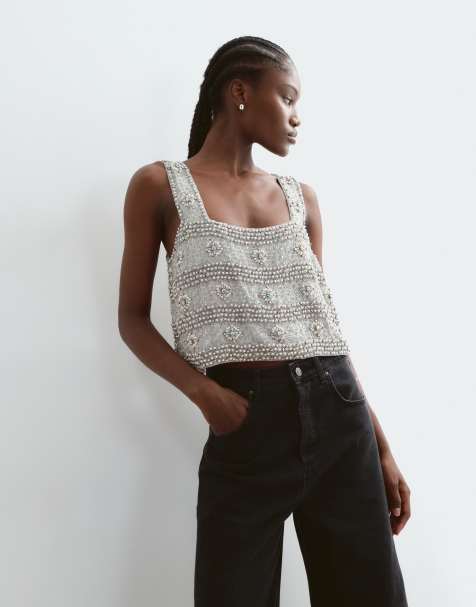 ARRANGE vintage inspired beaded boxy crop top in silver - view 1