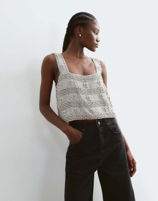 ARRANGE vintage inspired beaded boxy crop top in silver, 1 of 5
