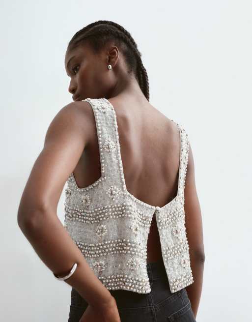 ARRANGE vintage inspired beaded boxy crop top in silver, 3 of 5