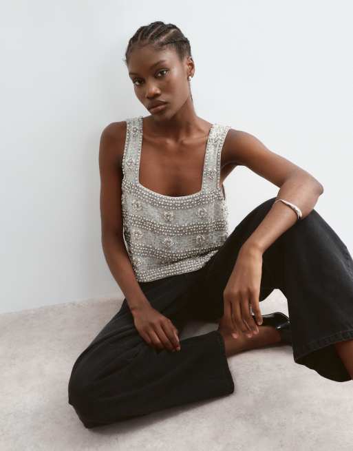 ARRANGE vintage inspired beaded boxy crop top in silver, 5 of 5