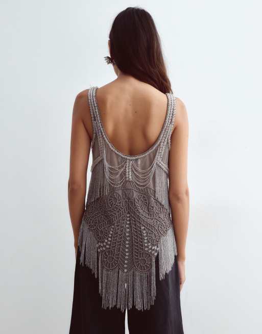 ARRANGE vintage inspired embellished fringe vest top in grey, 4 of 5