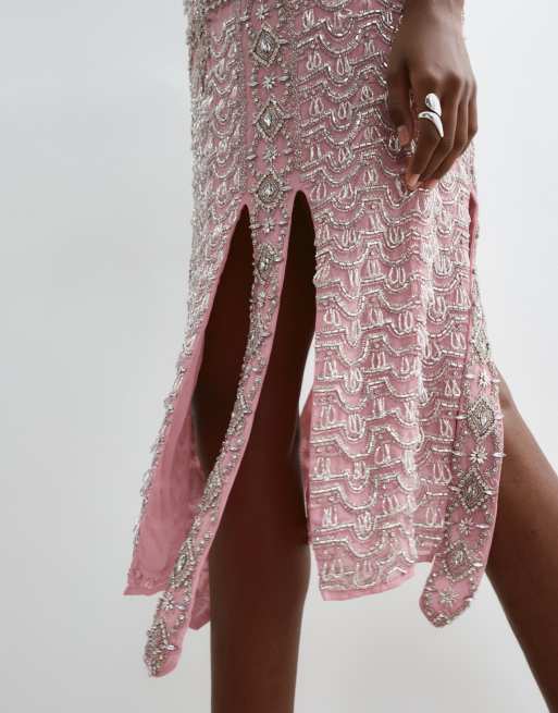 ARRANGE vintage inspired embellished scoop neck midi dress in pink, 5 of 5