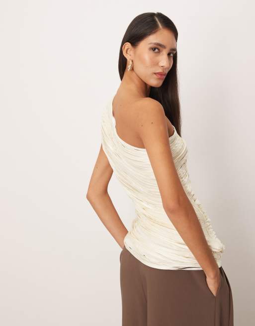 ARRANGE - Vinterhvid oneshoulder-top med draperede frynser, 3 af 4