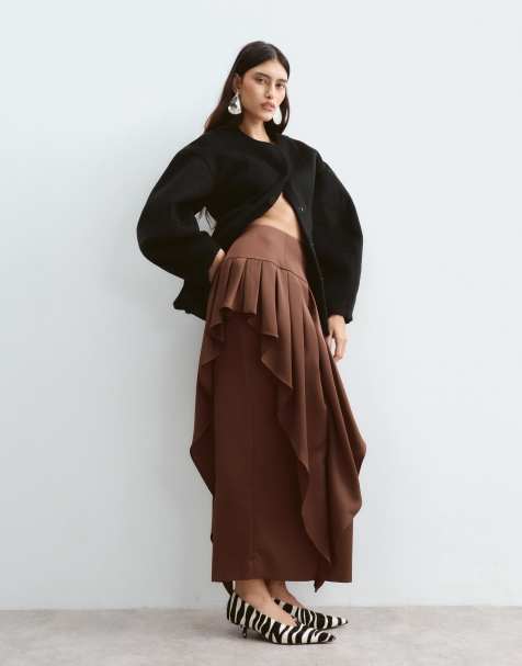 ARRANGE volume overlay column satin midi skirt in chocolate