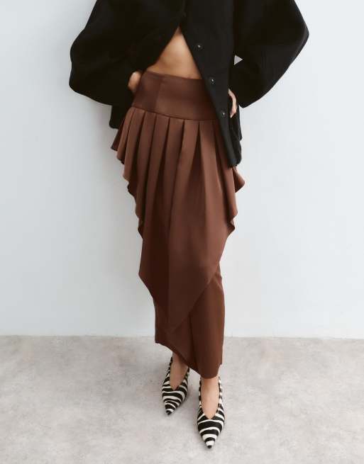 ARRANGE volume overlay column satin midi skirt in chocolate, 2 of 5