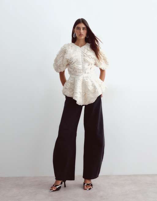 ARRANGE volume sleeve curved hem textured top in ivory, 2 of 4