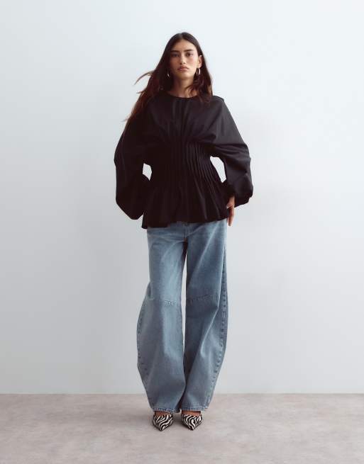 ARRANGE volume sleeve pleated cinched waist top in black, 2 of 4